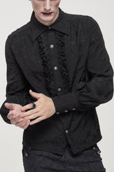 Chemise à imprimé motif gothique noir en métal avec boucle, manches longues plissées en dentelle, forme de lanterne pour homme